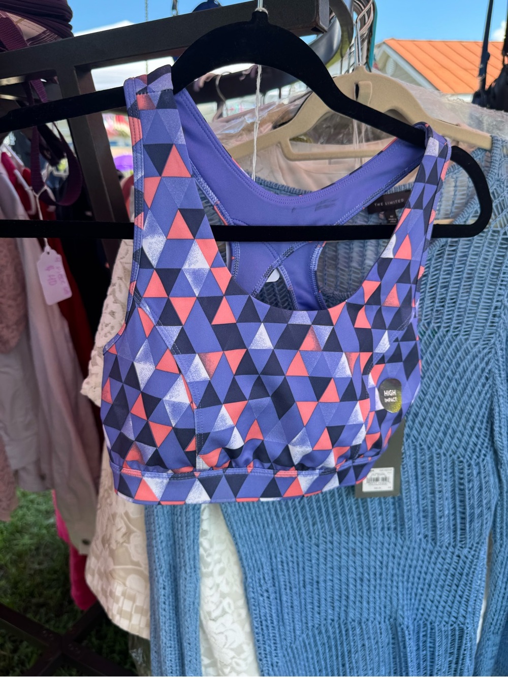 Kohl's Purple Sports Bra with Coral & Navy Triangle Print